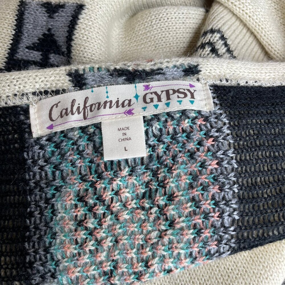 California Gypsy Southwestern Aztec Open Front Cardigan Duster Black Cream L - Picture 7 of 8